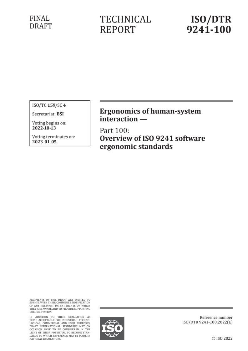 ISO/DTR 9241-100 - Ergonomics of human-system interaction — Part 100: Overview of ISO 9241 software ergonomic standards
Released:29. 09. 2022