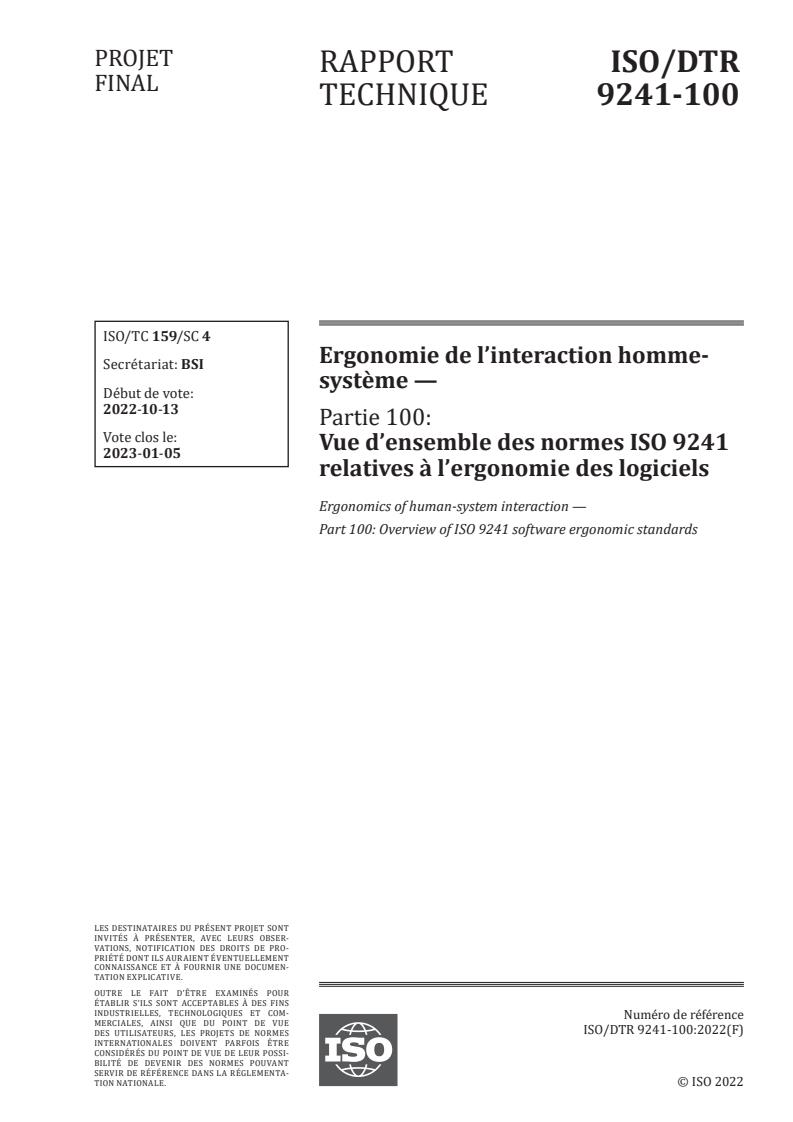 ISO/DTR 9241-100 - Ergonomics of human-system interaction — Part 100: Overview of ISO 9241 software ergonomic standards
Released:28. 11. 2022