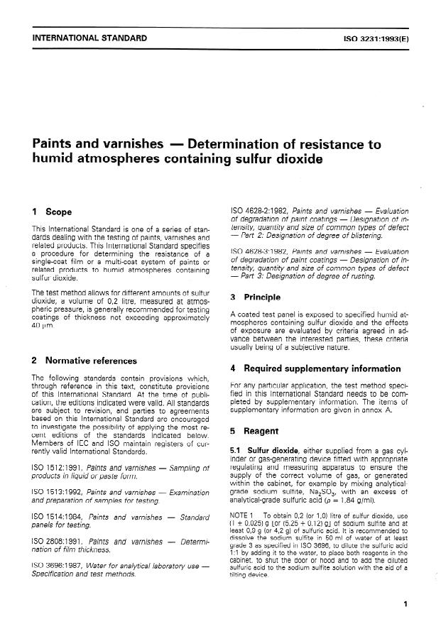 ISO 3231:1993 - Paints and varnishes -- Determination of resistance to humid atmospheres containing sulfur dioxide