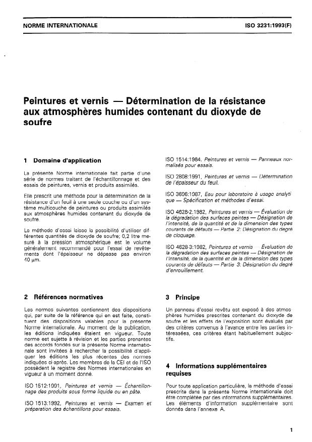 ISO 3231:1993 - Peintures et vernis -- Détermination de la résistance aux atmospheres humides contenant du dioxyde de soufre
