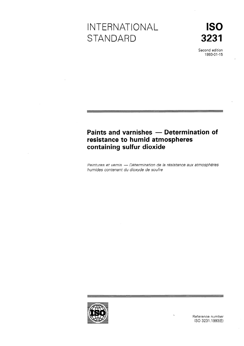 ISO 3231:1993 - Paints and varnishes — Determination of resistance to humid atmospheres containing sulfur dioxide
Released:1/21/1993