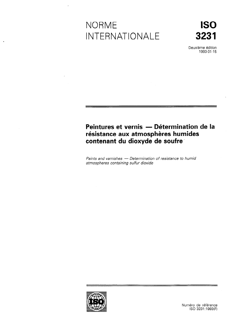 ISO 3231:1993 - Peintures et vernis — Détermination de la résistance aux atmosphères humides contenant du dioxyde de soufre
Released:1/21/1993