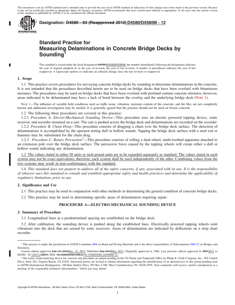 REDLINE ASTM D4580/D4580M-12 - Standard Practice for Measuring Delaminations in Concrete Bridge Decks by Sounding