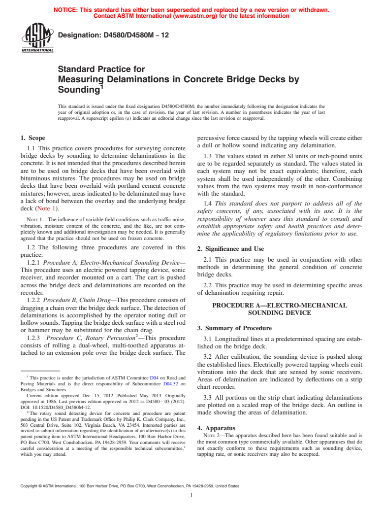 ASTM D4580/D4580M-12 - Standard Practice for Measuring Delaminations in Concrete Bridge Decks by Sounding