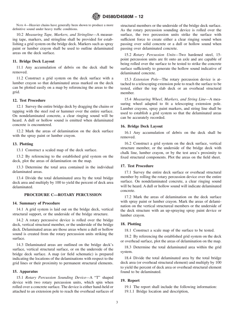 ASTM D4580/D4580M-12 - Standard Practice for Measuring Delaminations in Concrete Bridge Decks by Sounding