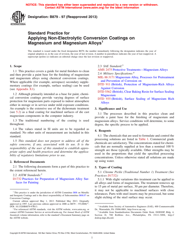 ASTM B879-97(2013) - Standard Practice for Applying Non-Electrolytic Conversion Coatings on Magnesium   and Magnesium Alloys