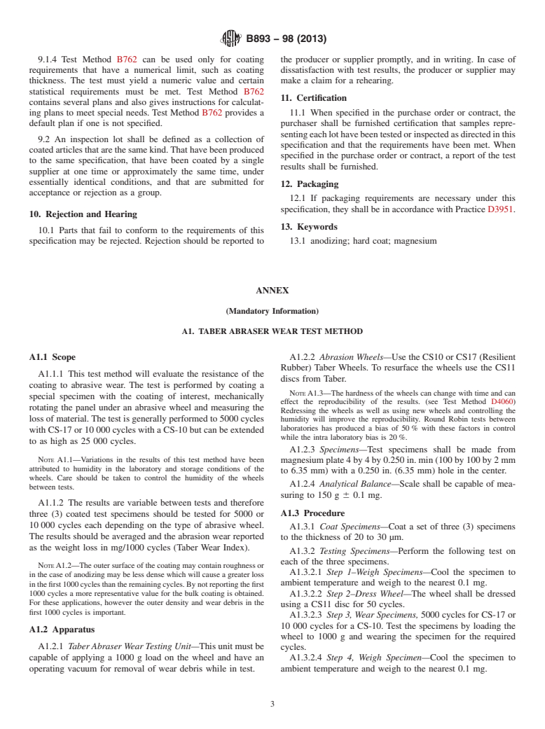 ASTM B893-98(2013) - Standard Specification for  Hard-Coat Anodizing of Magnesium for Engineering Applications