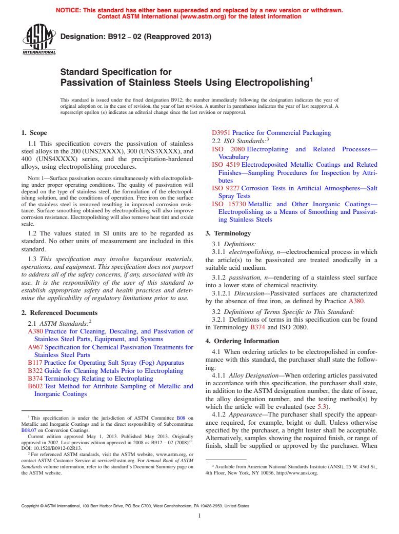 ASTM B912-02(2013) - Standard Specification for Passivation of Stainless Steels Using Electropolishing