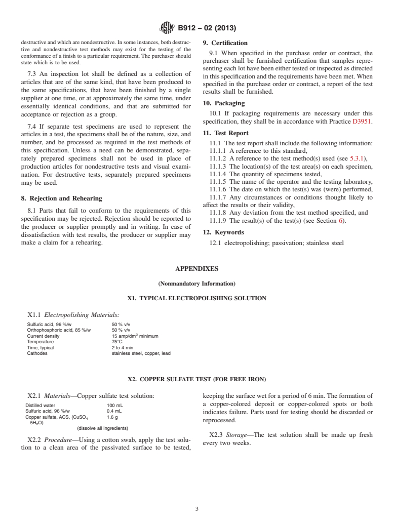 ASTM B912-02(2013) - Standard Specification for Passivation of Stainless Steels Using Electropolishing