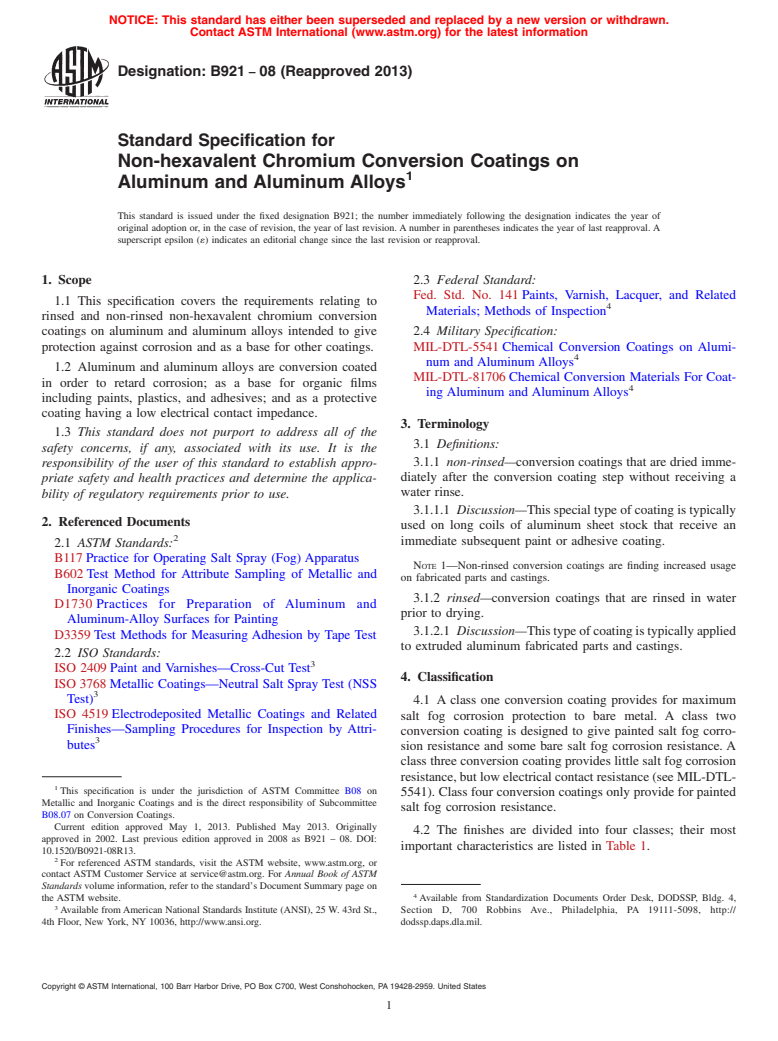 ASTM B921-08(2013) - Standard Specification for Non-hexavalent Chromium Conversion Coatings on Aluminum and   Aluminum Alloys