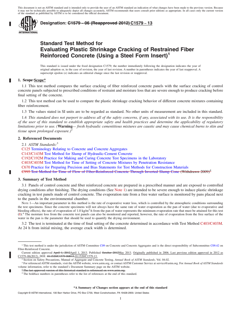 REDLINE ASTM C1579-13 - Standard Test Method for  Evaluating Plastic Shrinkage Cracking of Restrained Fiber Reinforced  Concrete (Using a Steel Form Insert)