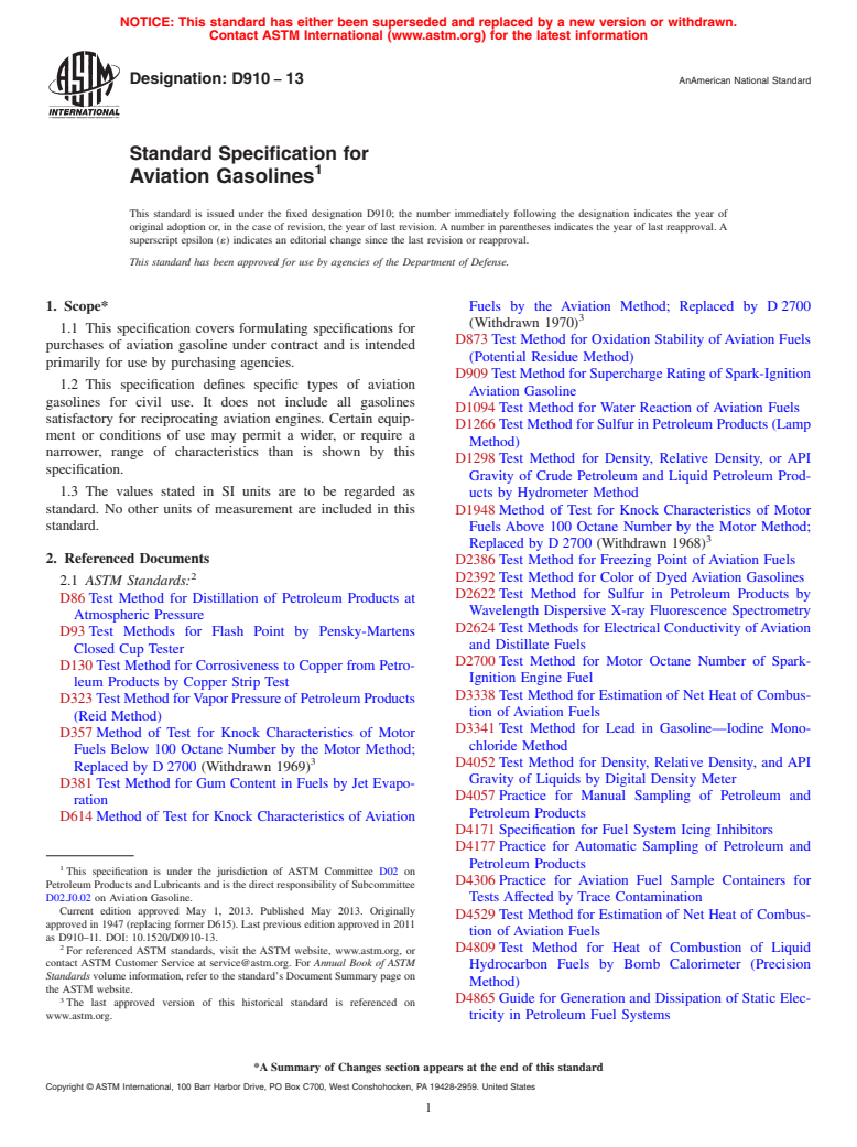 ASTM D910-13 - Standard Specification for  Aviation Gasolines
