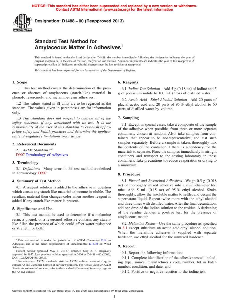 ASTM D1488-00(2013) - Standard Test Method for Amylaceous Matter in Adhesives