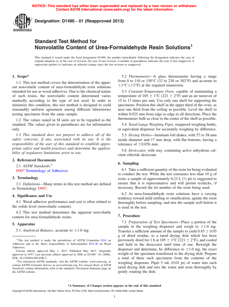 ASTM D1490-01(2013) - Standard Test Method for Nonvolatile Content of Urea-Formaldehyde Resin Solutions