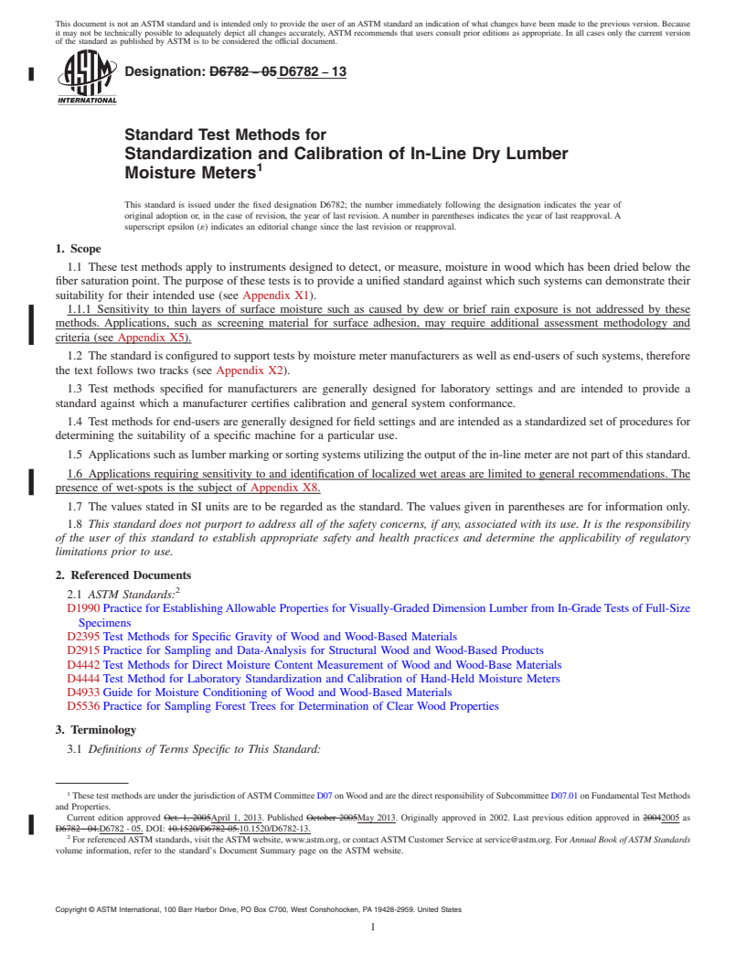 REDLINE ASTM D6782-13 - Standard Test Methods for  Standardization and Calibration of In-Line Dry Lumber Moisture  Meters