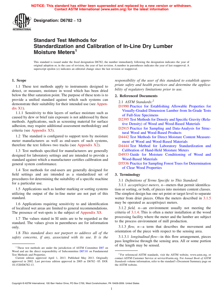 ASTM D6782-13 - Standard Test Methods for  Standardization and Calibration of In-Line Dry Lumber Moisture  Meters