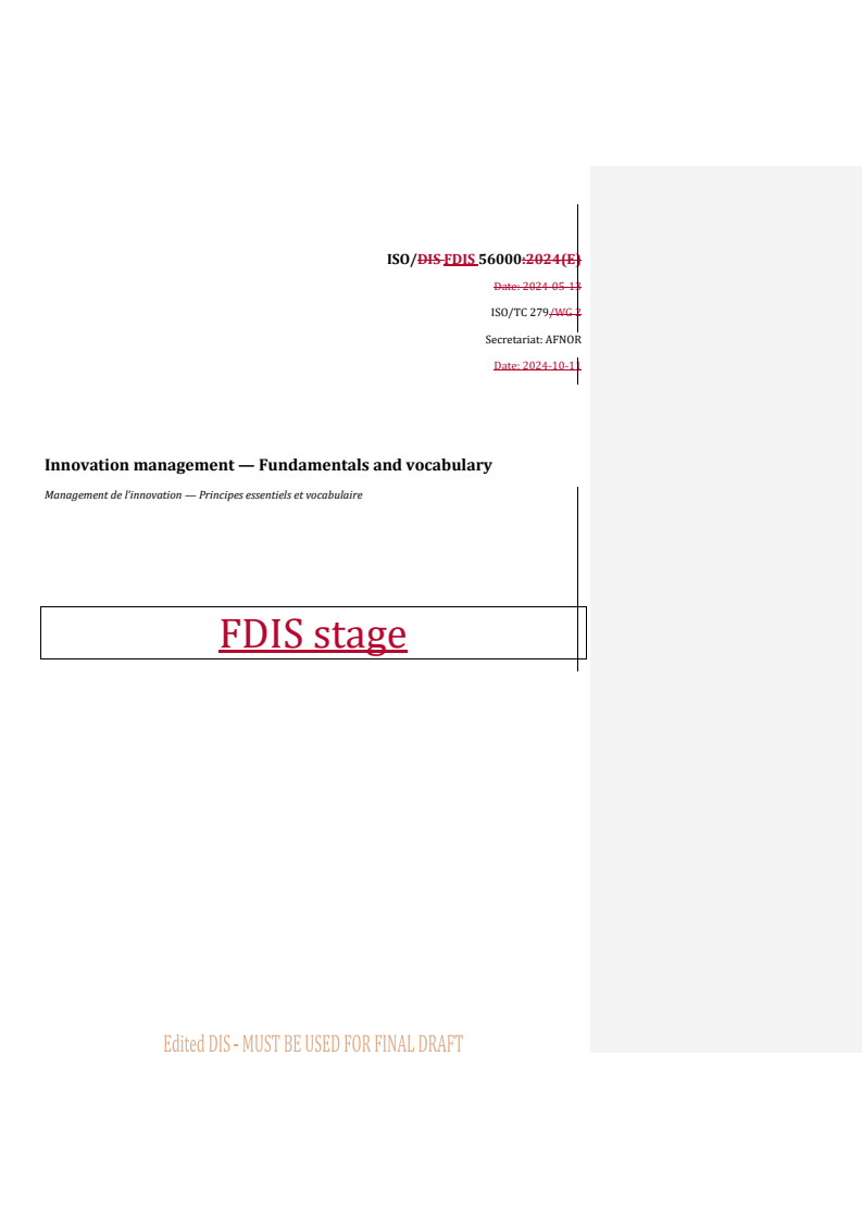 REDLINE ISO/FDIS 56000 - Innovation management — Fundamentals and vocabulary
Released:14. 10. 2024