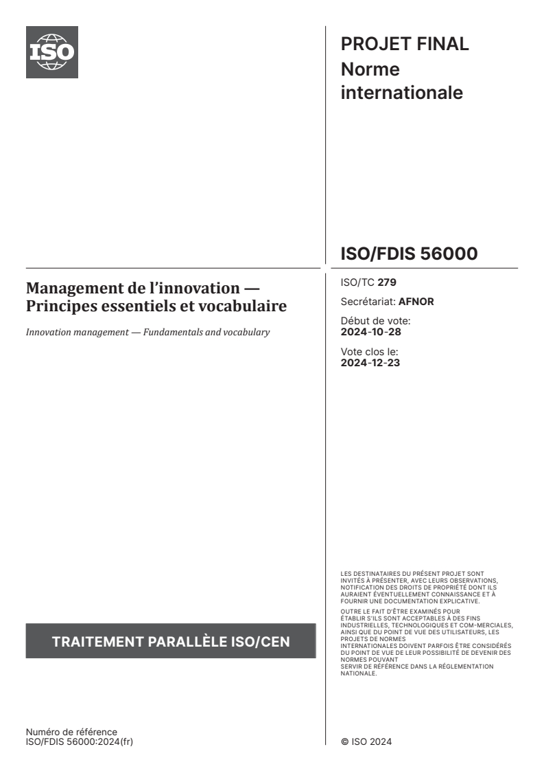 ISO 56000 - Management de l’innovation — Principes essentiels et vocabulaire
Released:11/20/2024