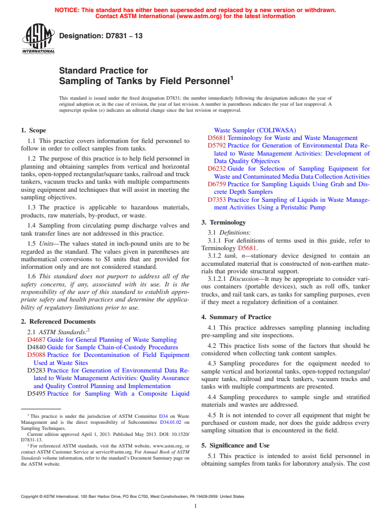 ASTM D7831-13 - Standard Practice for Sampling of Tanks by Field Personnel