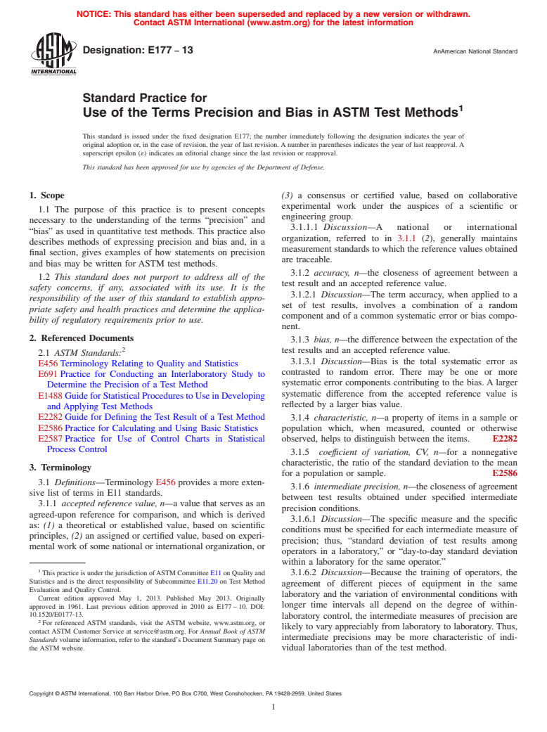 ASTM E177-13 - Standard Practice for  Use of the Terms Precision and Bias in ASTM Test Methods