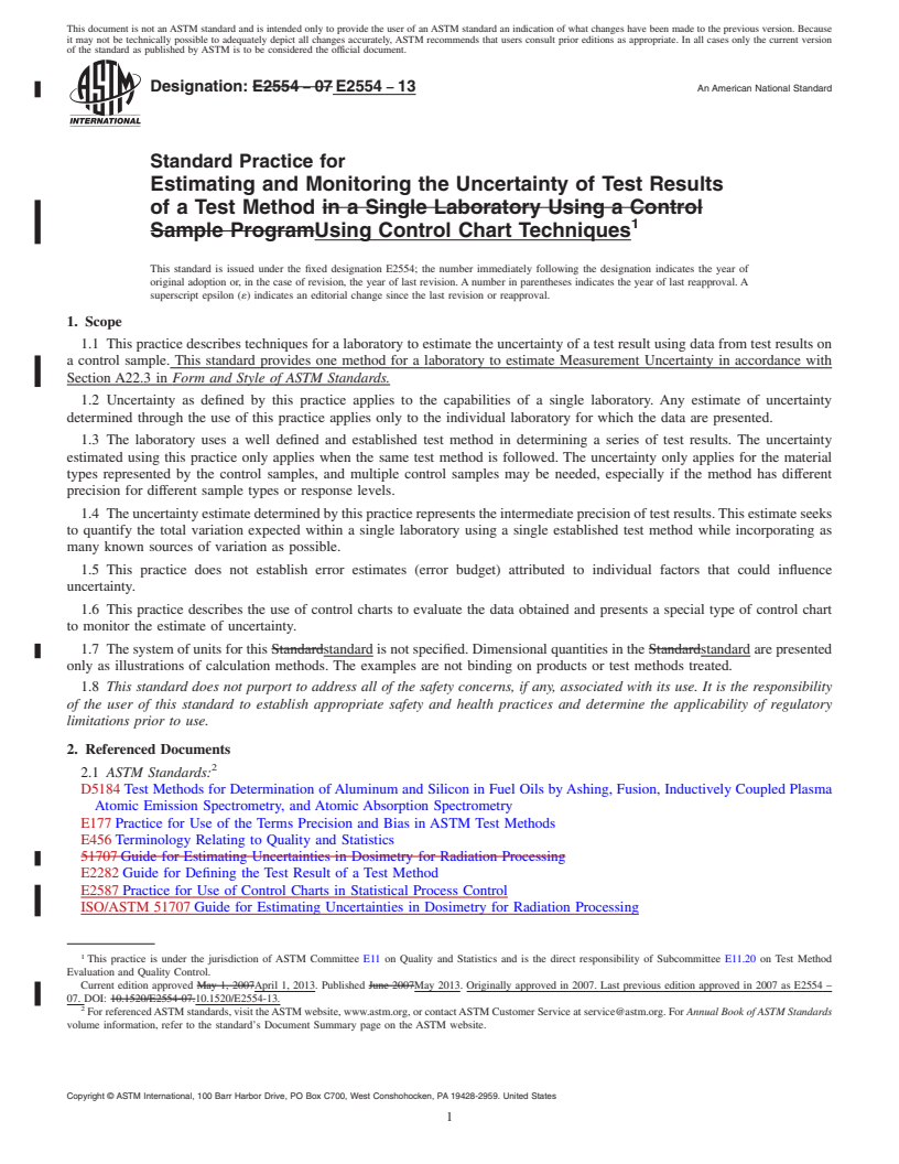 REDLINE ASTM E2554-13 - Standard Practice for  Estimating and Monitoring the Uncertainty of Test Results of  a Test Method Using Control Chart Techniques