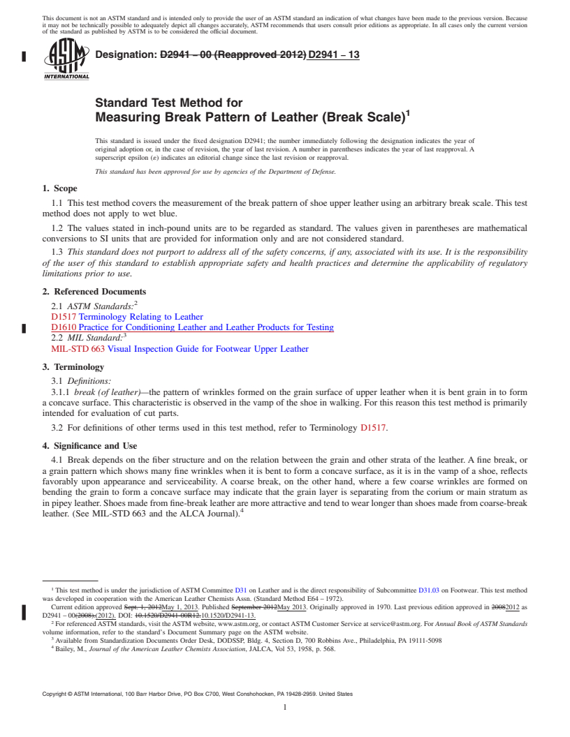 REDLINE ASTM D2941-13 - Standard Test Method for  Measuring Break Pattern of Leather (Break Scale)