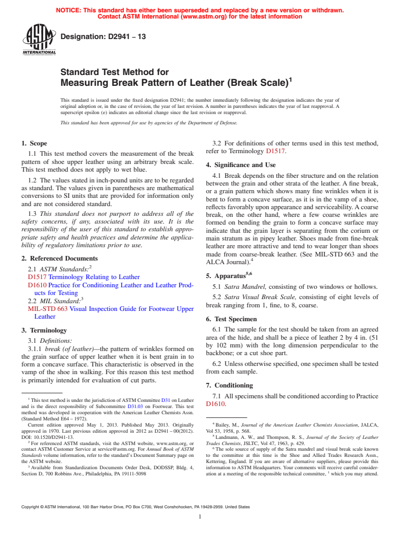 ASTM D2941-13 - Standard Test Method for  Measuring Break Pattern of Leather (Break Scale)