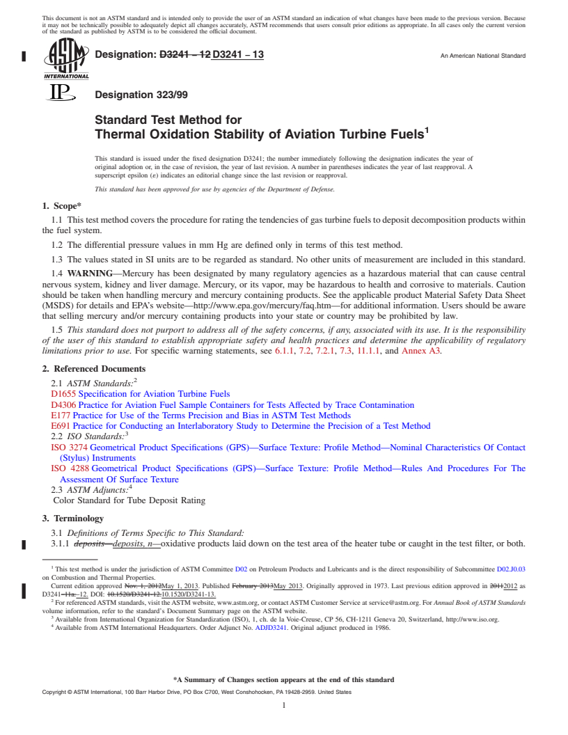 REDLINE ASTM D3241-13 - Standard Test Method for Thermal Oxidation Stability of Aviation Turbine Fuels