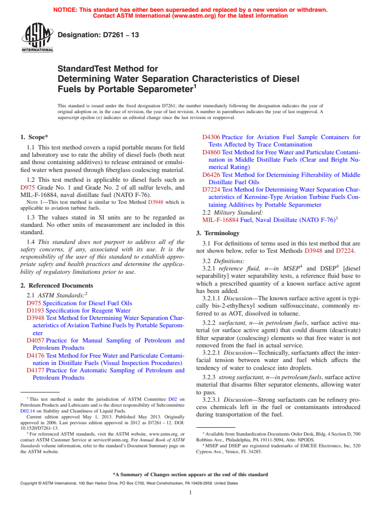 ASTM D7261-13 - Standard Test Method for Determining Water Separation Characteristics of Diesel Fuels  by Portable Separometer