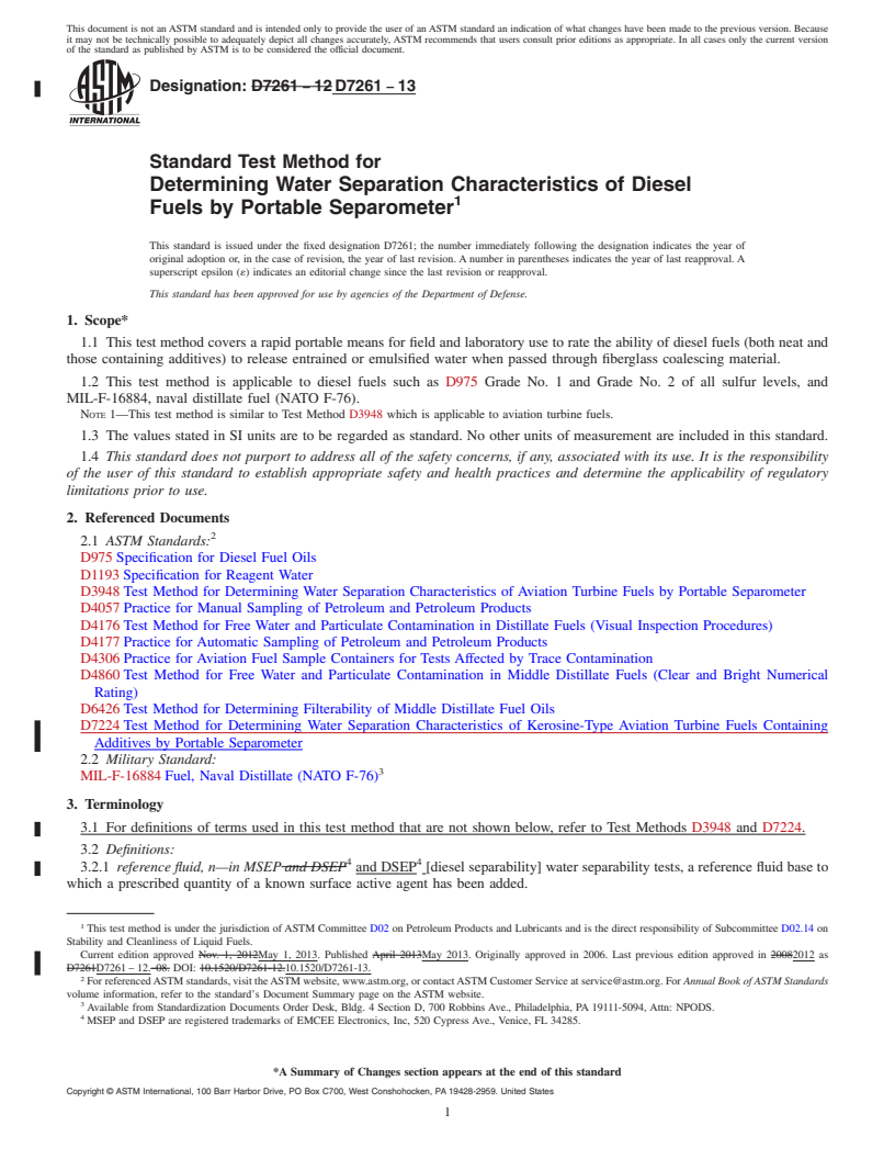 REDLINE ASTM D7261-13 - Standard Test Method for Determining Water Separation Characteristics of Diesel Fuels  by Portable Separometer