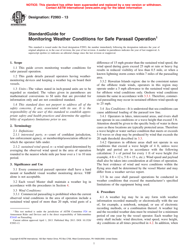 ASTM F2993-13 - Standard Guide for Monitoring Weather Conditions for Safe Parasail Operation (Withdrawn 2015)