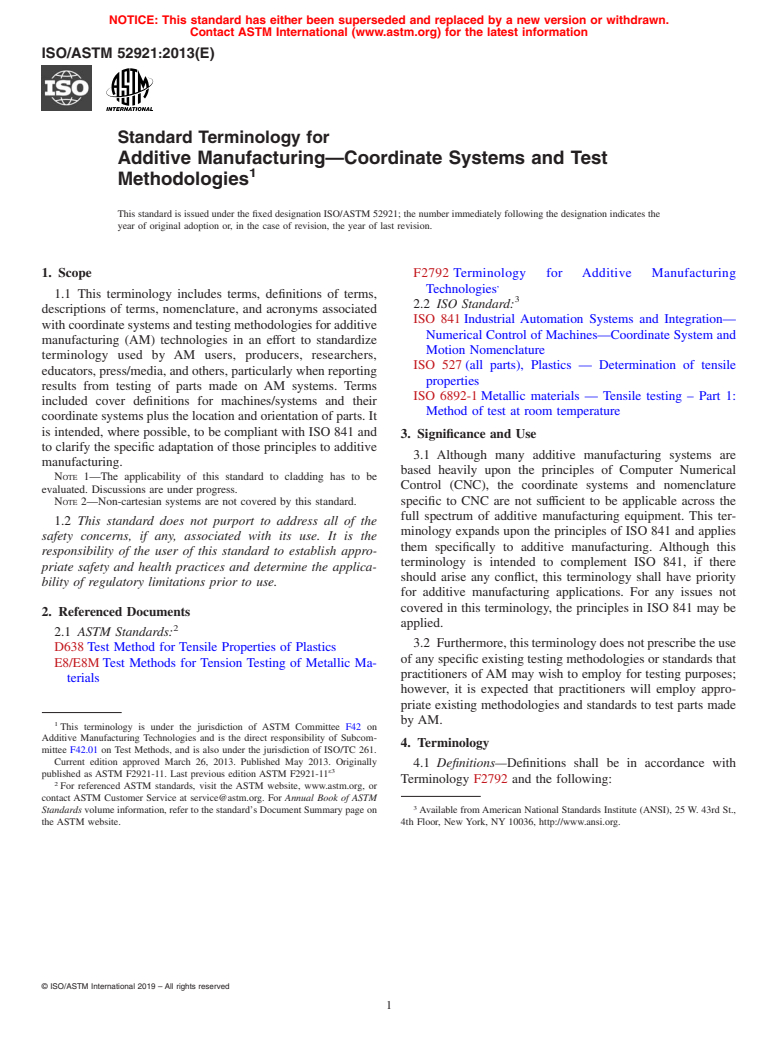 ASTM ISO/ASTM52921-13 - Standard Terminology for Additive Manufacturing-Coordinate Systems and Test Methodologies