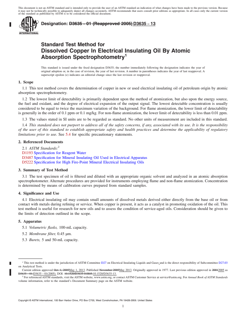 REDLINE ASTM D3635-13 - Standard Test Method for  Dissolved Copper In Electrical Insulating Oil By Atomic Absorption   Spectrophotometry