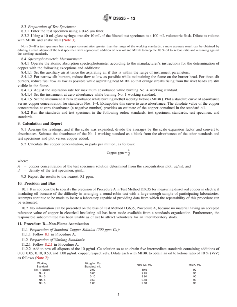 REDLINE ASTM D3635-13 - Standard Test Method for  Dissolved Copper In Electrical Insulating Oil By Atomic Absorption   Spectrophotometry