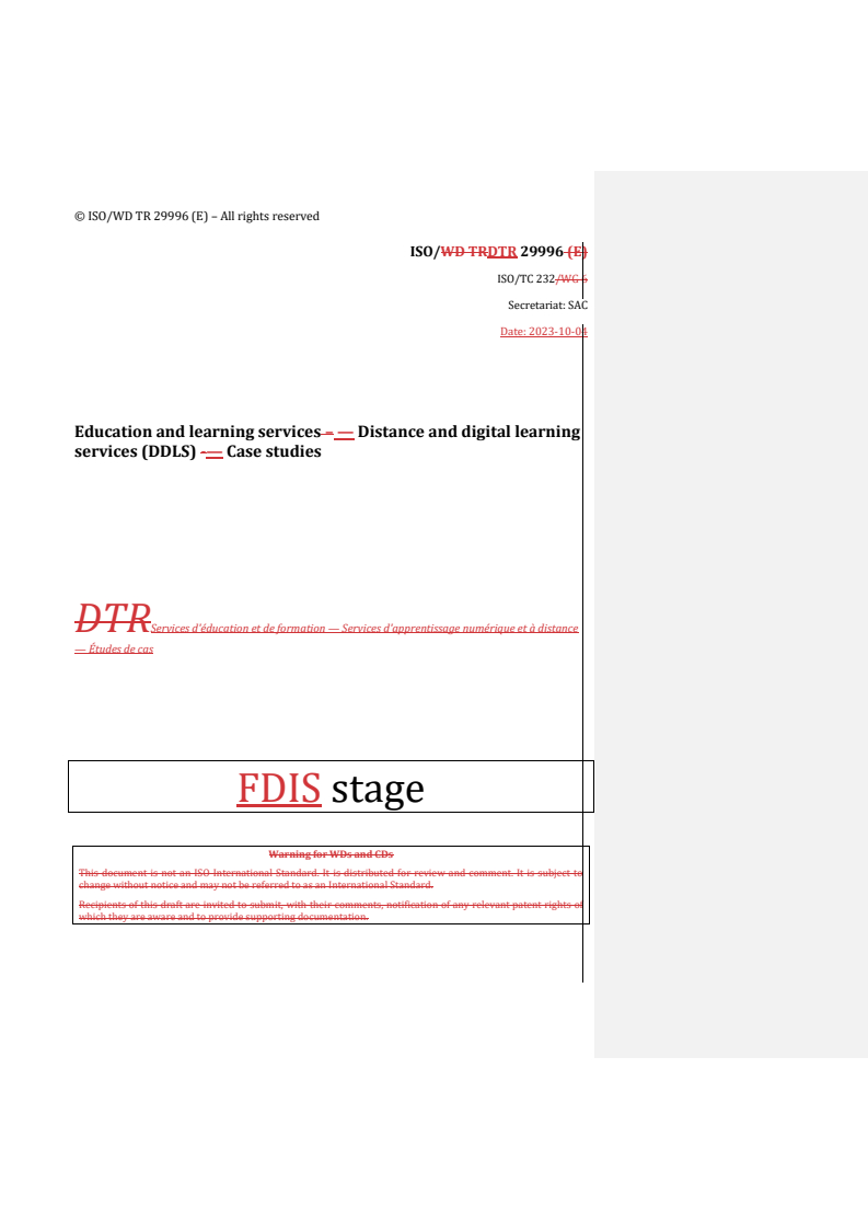 REDLINE ISO/DTR 29996 - Education and learning services — Distance and digital learning services (DDLS) — Case studies
Released:4. 10. 2023