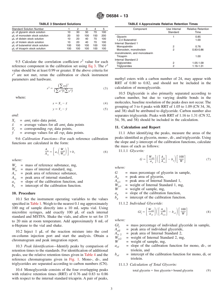 ASTM D6584-13 - Standard Test Method for  Determination of Total Monoglycerides, Total Diglycerides,   Total Triglycerides, and Free and Total Glycerin in B-100 Biodiesel   Methyl Esters by Gas Chromatography