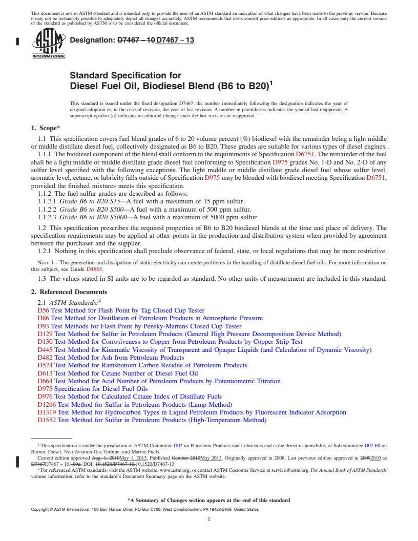 REDLINE ASTM D7467-13 - Standard Specification for  Diesel Fuel Oil, Biodiesel Blend (B6 to B20)