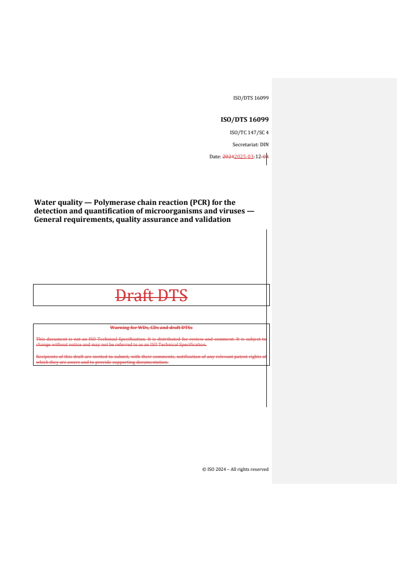 REDLINE ISO/DTS 16099 - Water quality — Polymerase chain reaction (PCR) for the detection and quantification of microorganisms and viruses — General requirements, quality assurance and validation
Released:13. 03. 2025