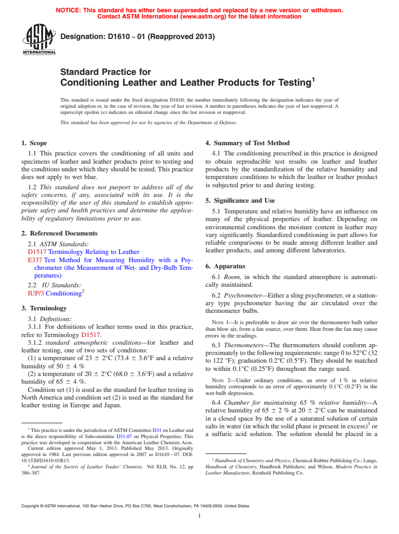 ASTM D1610-01(2013) - Standard Practice for  Conditioning Leather and Leather Products for Testing