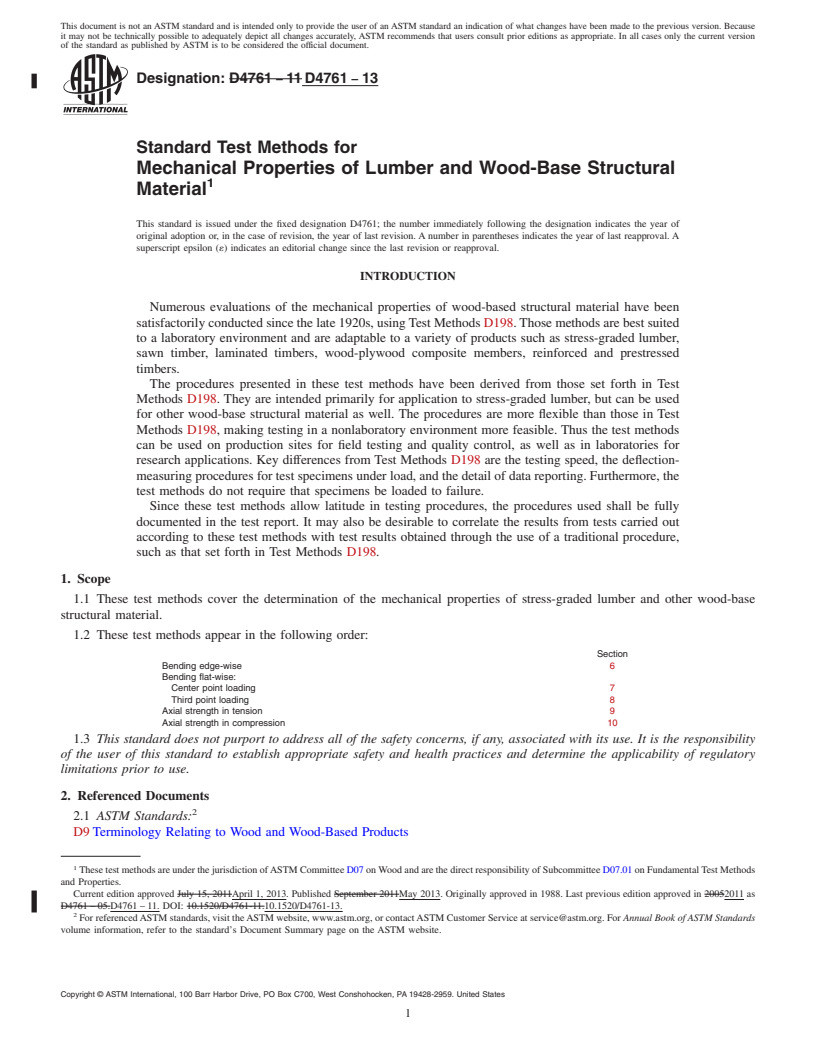 REDLINE ASTM D4761-13 - Standard Test Methods for  Mechanical Properties of Lumber and Wood-Base Structural Material