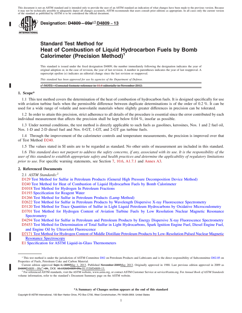 REDLINE ASTM D4809-13 - Standard Test Method for Heat of Combustion of Liquid Hydrocarbon Fuels by Bomb Calorimeter   (Precision Method)