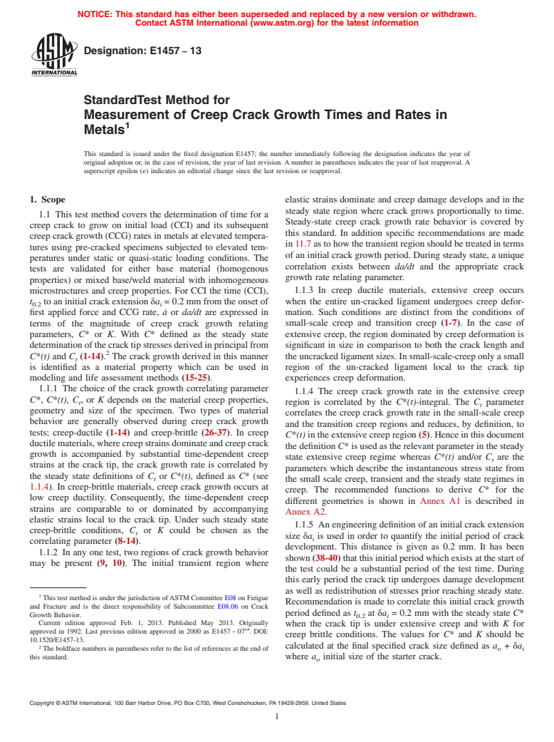 ASTM E1457-13 - Standard Test Method for  Measurement of Creep Crack Growth Times and Rates in Metals