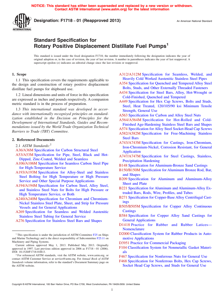 ASTM F1718-01(2013) - Standard Specification for  Rotary Positive Displacement Distillate Fuel Pumps