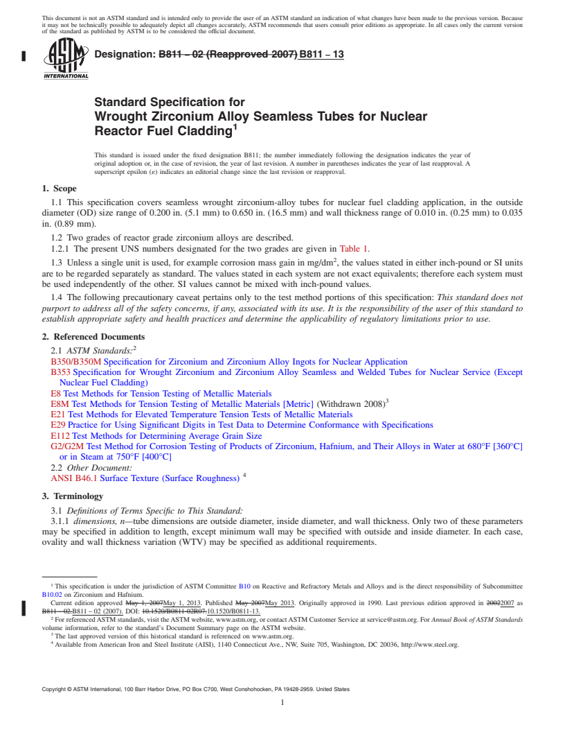 REDLINE ASTM B811-13 - Standard Specification for Wrought Zirconium Alloy Seamless Tubes for Nuclear Reactor  Fuel Cladding