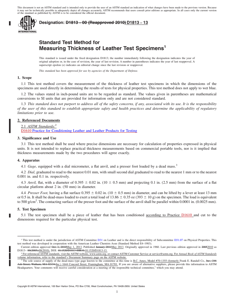 REDLINE ASTM D1813-13 - Standard Test Method for  Measuring Thickness of Leather Test Specimens