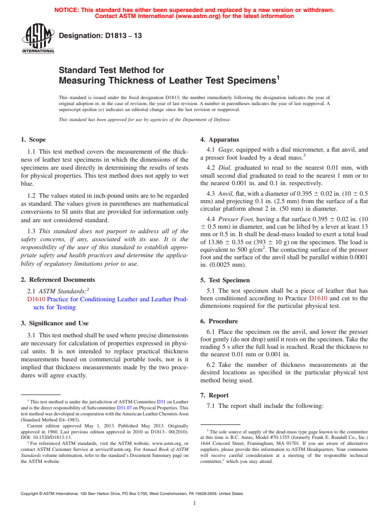 ASTM D1813-13 - Standard Test Method for  Measuring Thickness of Leather Test Specimens
