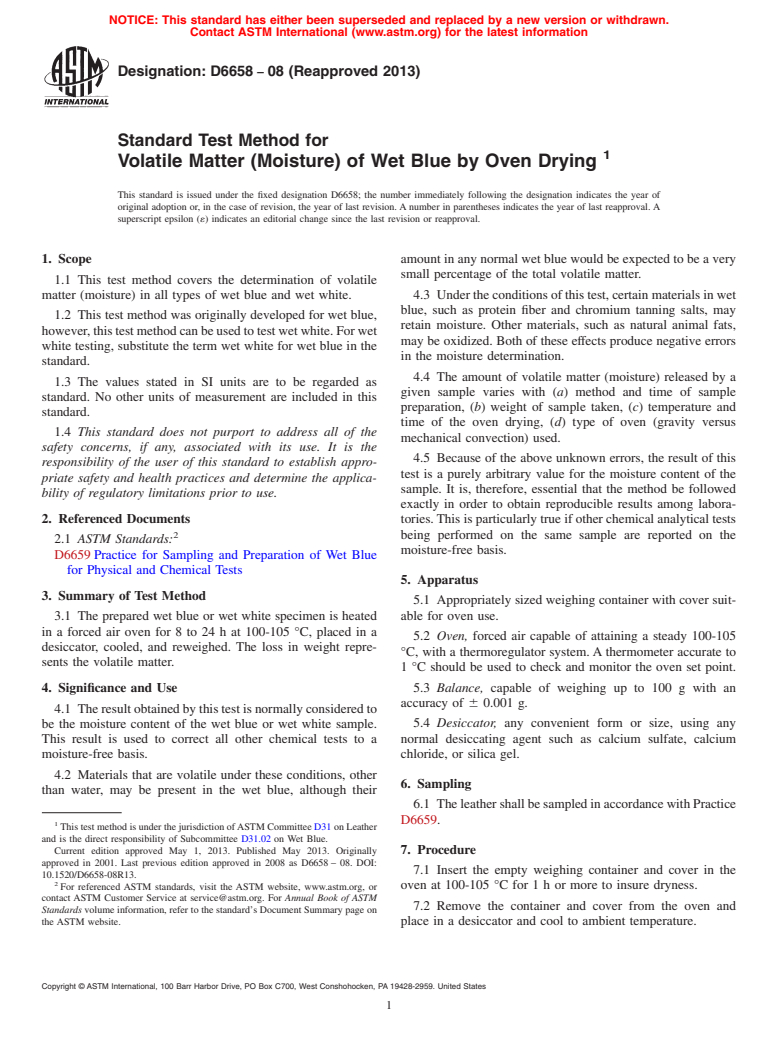 ASTM D6658-08(2013) - Standard Test Method for  Volatile Matter (Moisture) of Wet Blue by Oven Drying