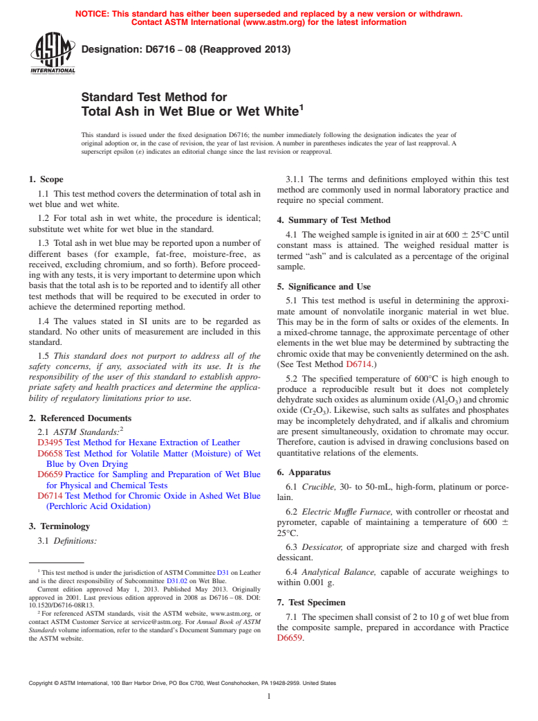 ASTM D6716-08(2013) - Standard Test Method for  Total Ash in Wet Blue or Wet White