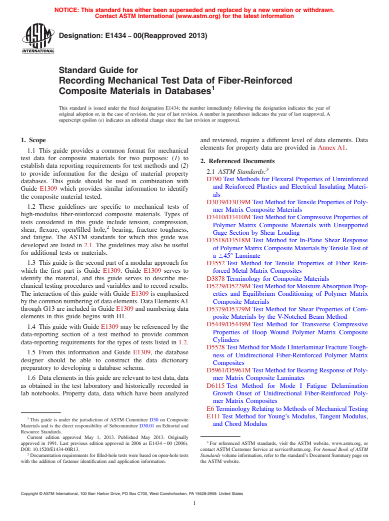 ASTM E1434-00(2013) - Standard Guide for  Recording Mechanical Test Data of Fiber-Reinforced Composite  Materials in Databases (Withdrawn 2015)