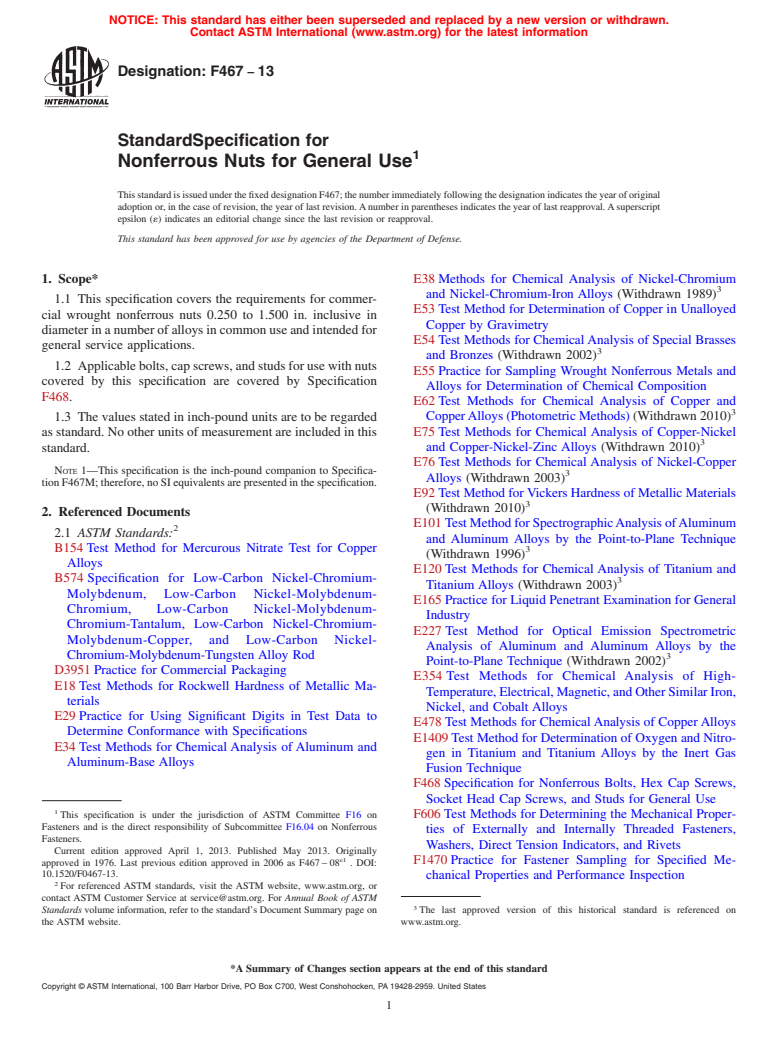 ASTM F467-13 - Standard Specification for  Nonferrous Nuts for General Use